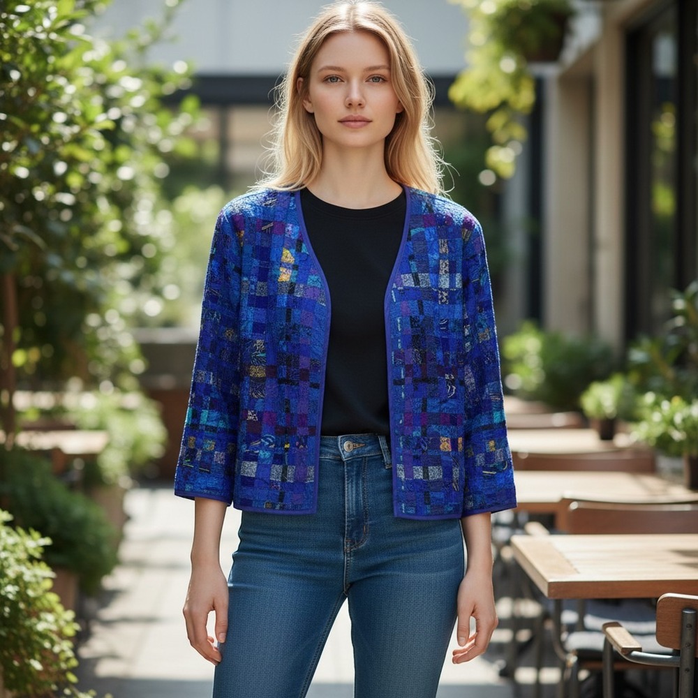 Chico's Patchwork Open Front Jacket Womens Size 0 Blue Purple Art to Wear 3072